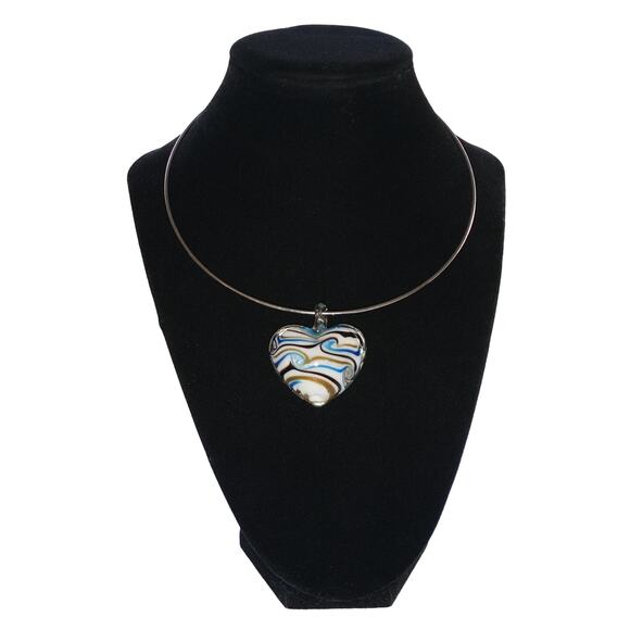 Silver Omega Style Necklace Choker Handblown Art Glass Pendant Heart Shaped - Picture 1 of 6